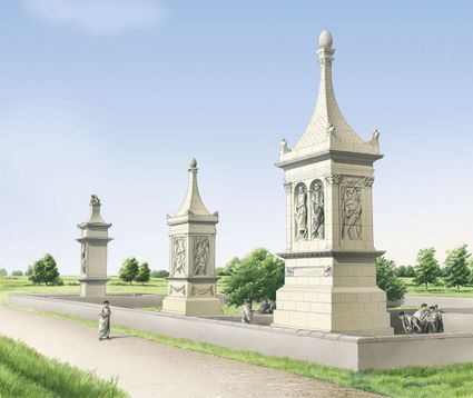 Langs de uitvalswegen van Noviomagus stonden indrukwekkende grafmonumenten. Rechts een impressie van het familiegraf van de Bataafs-Romeinse officier.