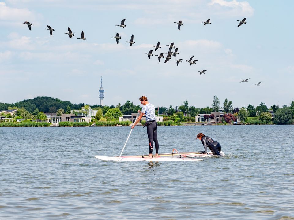 Twee surfers op het water.