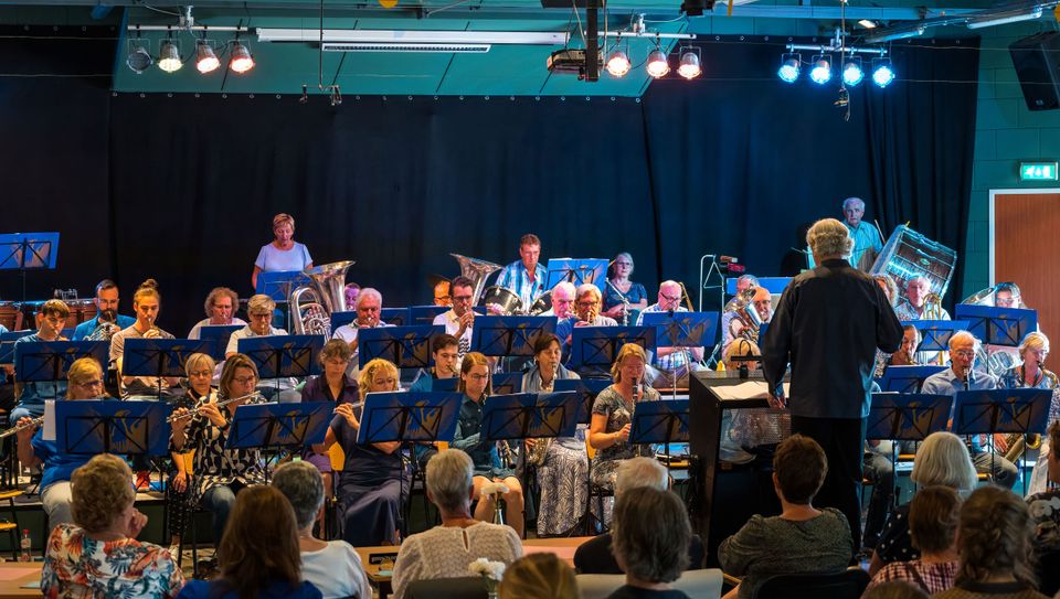Muziekvereniging De Adelaar op het podium aan het werk
