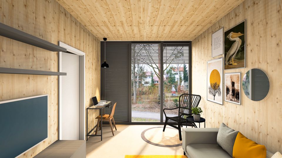 De woonkamer van een Startblock woning in Marknesse, Flevoland