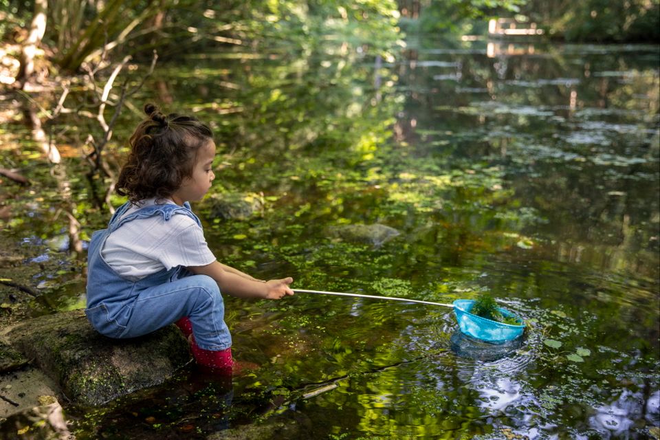 Een meisje zit op een kei en vist met haar schepnetje iets uit het water.
