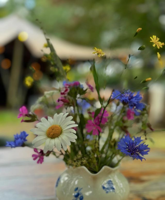 Eine Vase mit bunten Blumen