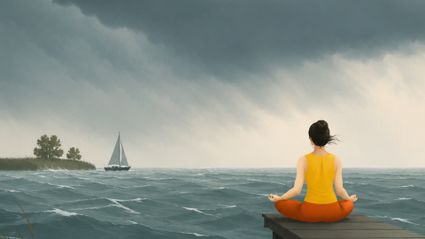 tekening van een vrouw in geel hemd en oranje legging die in lotushouding op een steiger zit aan de waterkant, de lucht is dreigend, in de verte vaart een zeilboot.