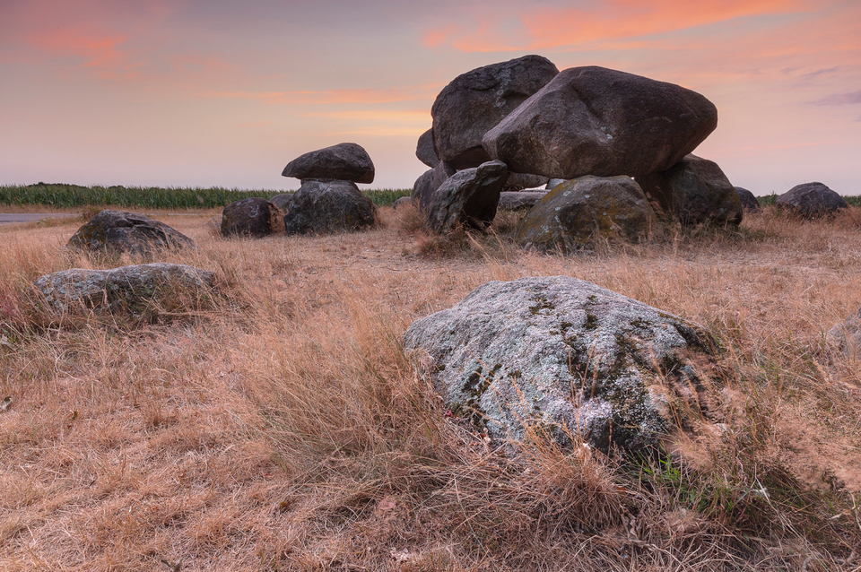 Hünengrab D15 umgeben von einem rosa morgenhimmel.