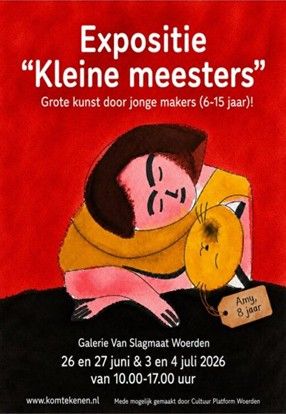 Kunstexpositie Kleine Meesters in Galerie Van Slagmaat Woerden, Groene Hart. Tentoonstelling met kleurrijk kinderportret gemaakt door jonge makers van 6 tot 15 jaar, promotie voor kunstexpositie en creatieve activiteiten in Woerden.