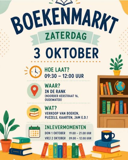 Poster van de boekenmarkt in Oudewater, Groene Hart met datum, tijd en locatie van het evenement.
