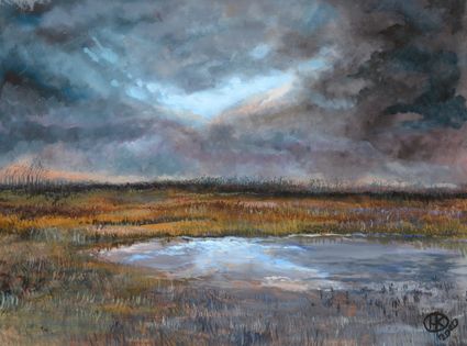 Olieverfschilderij van kunstenaar Henk Kooy in Woerden, Groene Hart, abstract geschilderd Hollands landschap met waterpartij, riet en dramatische wolkenlucht, geëxposeerd bij House Of Arts.