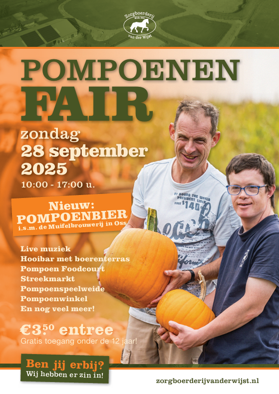 De pompoenfair is op zondag 28 september bij zorgboerderij van der Wijst in Vorstenbosch.