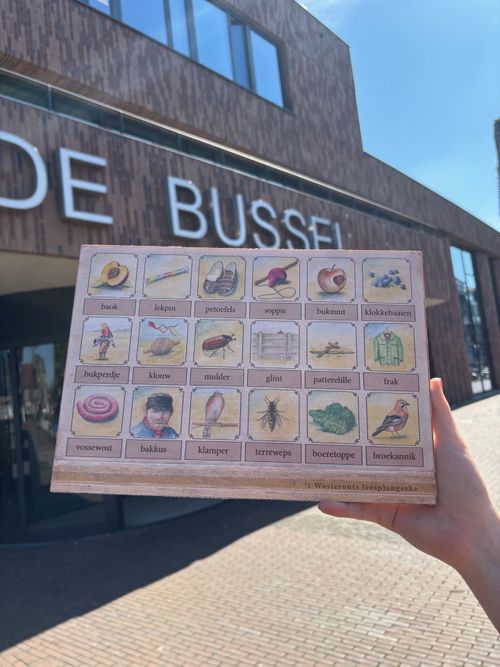 Leesplankje van hout met dialect woorden