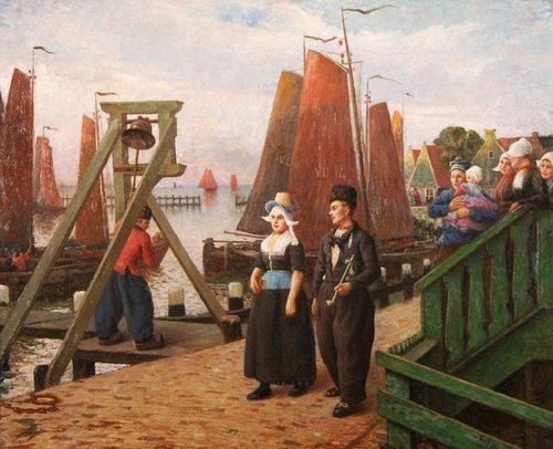 Een schilderij van de Klokkenpaal in Volendam