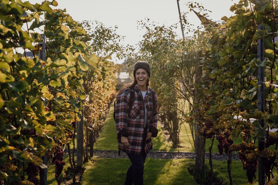 Vrouw staat midden in de wijngaard en lacht.
