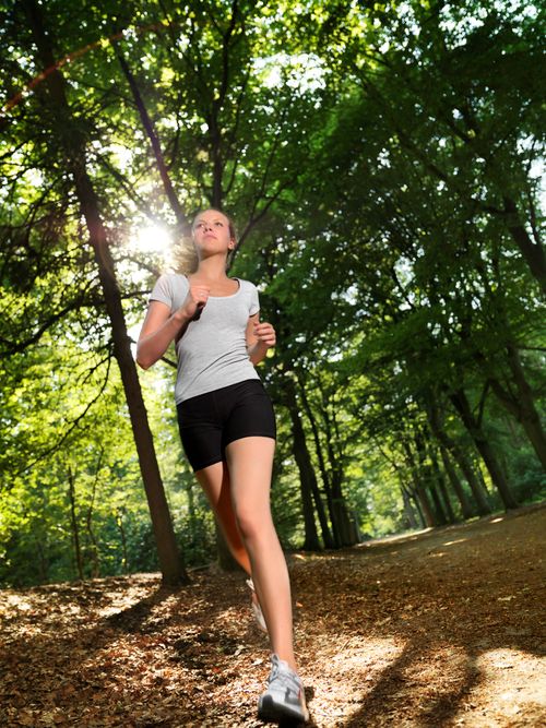 Een vrouw doet mee aan de Brabantse Wal Marathon en rent door de bossen.