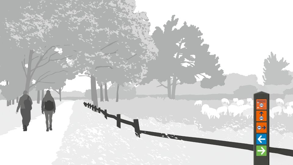 Illustratie wandelaars met routepaal