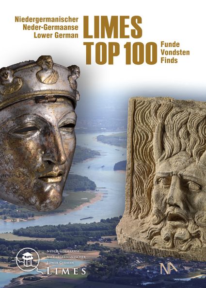 Omslag van een boek, met twee Romeinse gezichten: het masker uit Nijmegen en een stenen relief van de Rhenus Bicornis