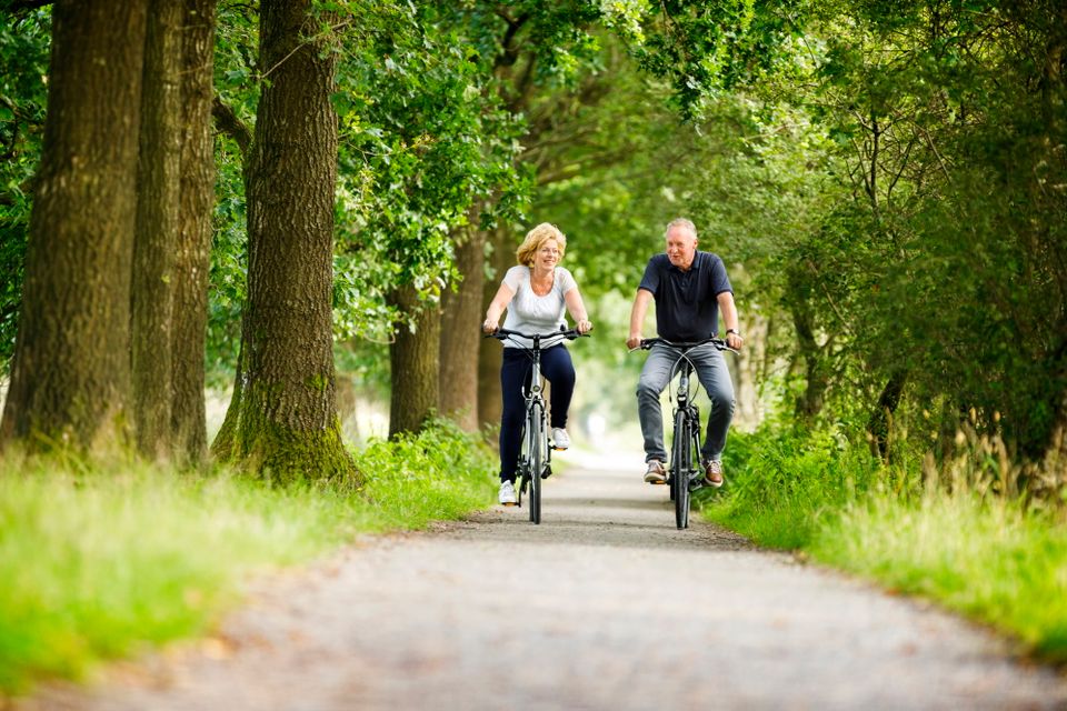 Ein Mann und eine Frau fahren mit dem Fahrrad durch einen Wald in Drenthe.