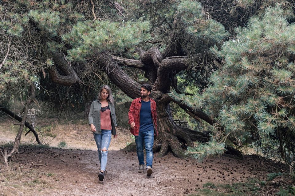 Paar spaziert durch die Natur von Drenthe mit einem großen Baum im Hintergrund.