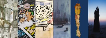 Zes kunstwerken op rij die te zien zijn tijdens de kunstmaand