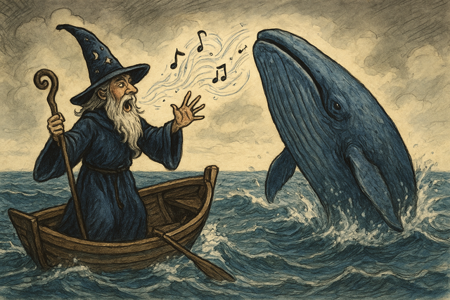 tekening van een tovenaar in een roeibootje met een walvis die uit het water omhoog komt.