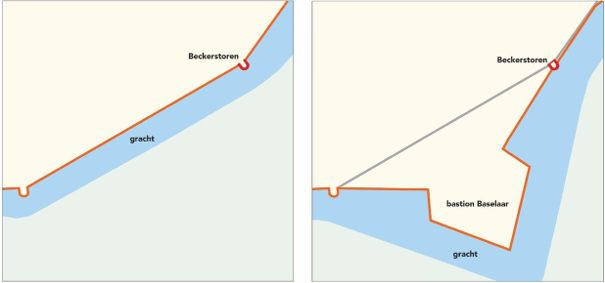 Links de situatie na de bouw van de tweede stadsmuur. Rechts is de situatie na de bouw van bastion Baselaar. De voormalige plek van de stadsmuur is afgebeeld met een grijze lijn