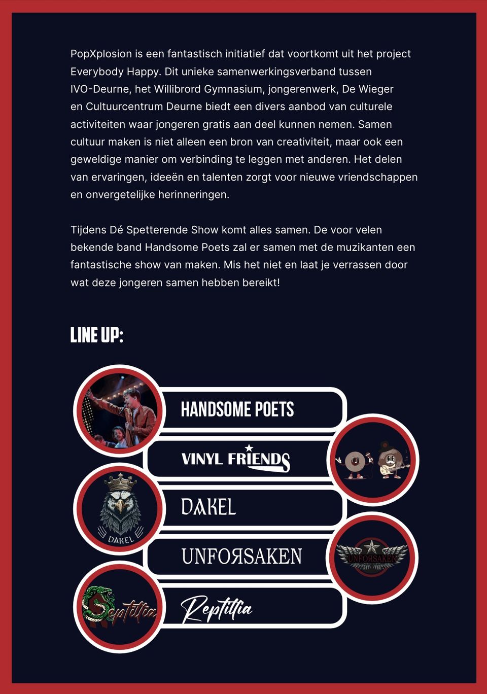 Affiche PopXplosion- Achterkant flyer ontworpen door de jongeren zelf tijdens de creatieve workshops