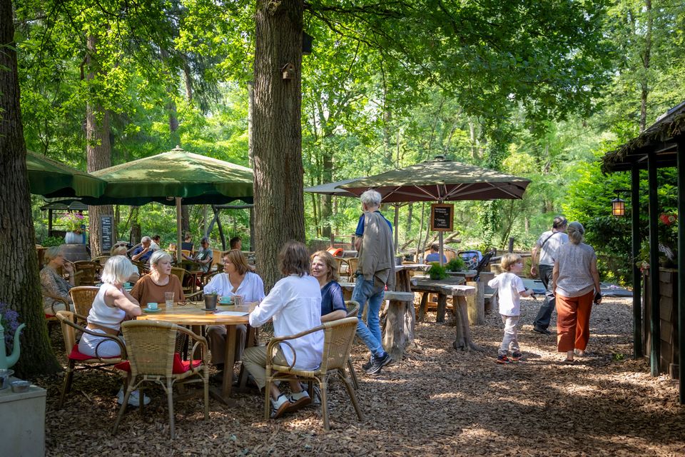 Terras midden in de Oisterwijkse bossen met op voorgrond tafel met groepje vrouwen