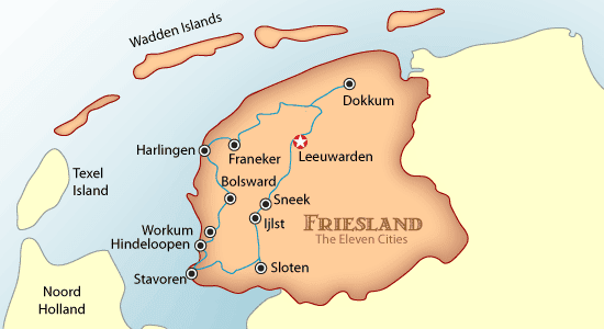 Kaartvan Friesland met de elf steden