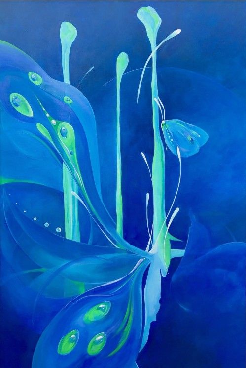 Kunstwerk ‘In de armen van het licht’ van Maaike van Rijn bij Galerie Van Slagmaat in Woerden, Groene Hart, abstract schilderij in blauwe en groene tinten met organische vormen.