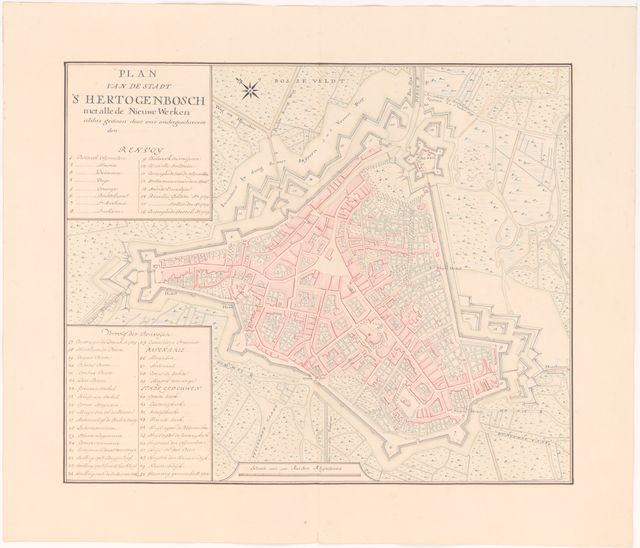 Kaart van de stad ’s-Hertogenbosch gemaakt door A. Hattinga in 1749