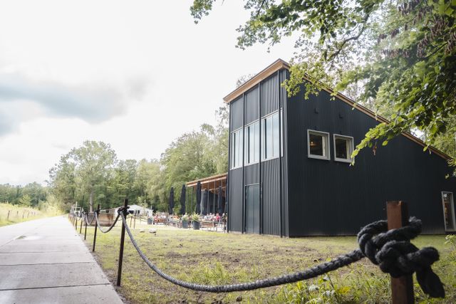 Zijaanzicht van Paviljoen Het ProefLab//, het infrmatiepunt in het Waterloopbos