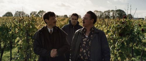 Drie mannen die in een wijnveld staan