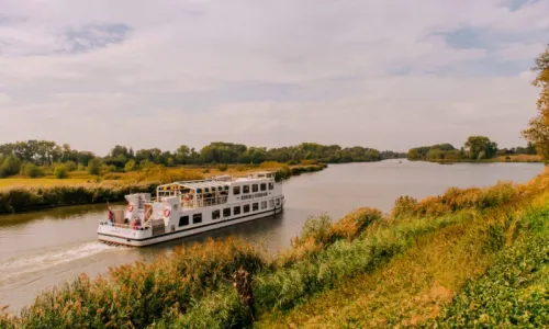 Cruiseschip vaart over de Linge in een zomers landschap