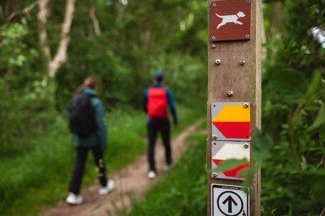 Twee mensen lopen het Drenthepad. Op de voorgrond staat een paaltje die de route aangeeft