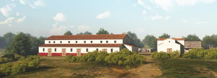 De schaarse archeologische resten laten geen nauwkeurige reconstructie van het hoofdgebouw toe, dus moeten we het doen met een impressie. Rechts het mogelijke badgebouw.