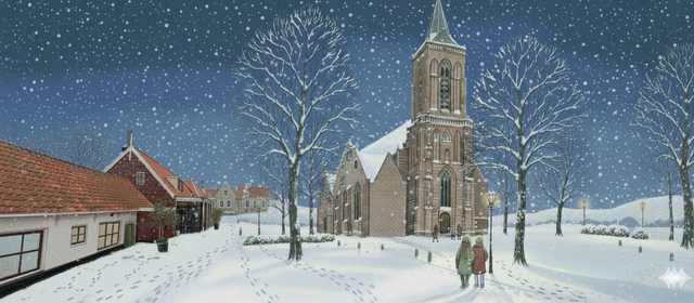 Tekening van een kerk in de sneew