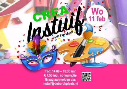 Kleurrijke poster. Met illustraties van een schilderspalet, verfkwast en feestmasker. Tekst vermeldt: woensdag 11 februari, voor kinderen van 6 tot 13 jaar, tijd 14.00–16.30 uur, €7,50 incl. consumptie, met QR-code en aanmeldinformatie.