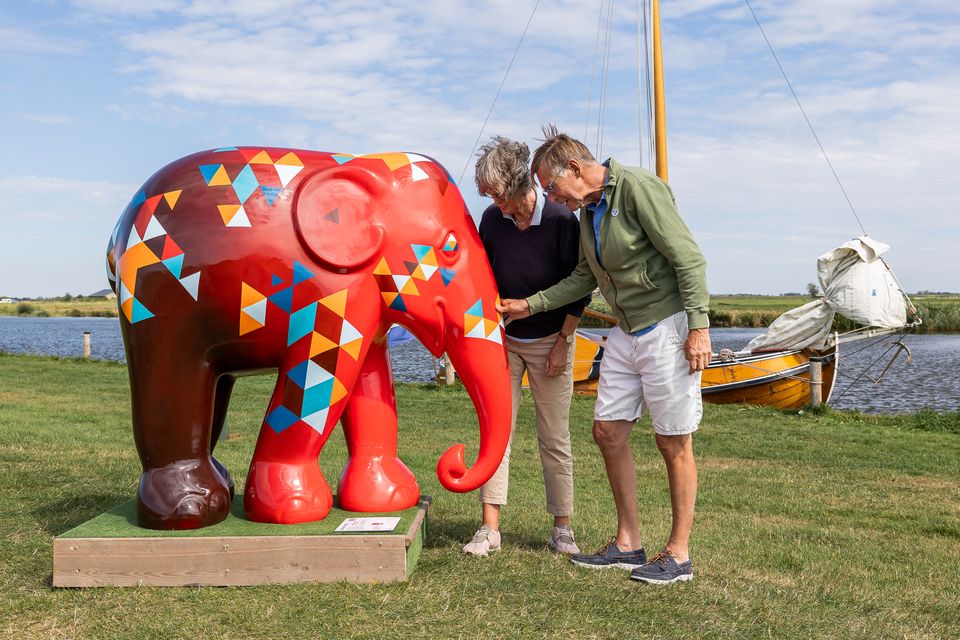Twee mensen bewonderen een van de kleurrijk beschilderde olifanten van de Elephant Parade in Sloten en Gaasterland met op de achtergrond een boot.