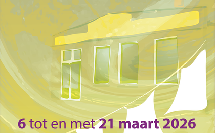 Galerie Kunst Aan De Kade, Galerie Van Slagmaat, Woerden, Groene Hart, illustratieve promotieafbeelding van expositie Kreukels Gladstrijken met gestileerde gevel en datum 6 tot en met 21 maart 2026 in paarse tekst.