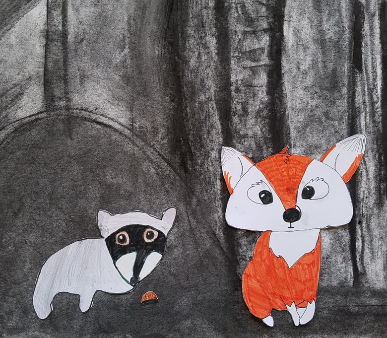 Houtskool en pastelkrijt, dieren in het bos