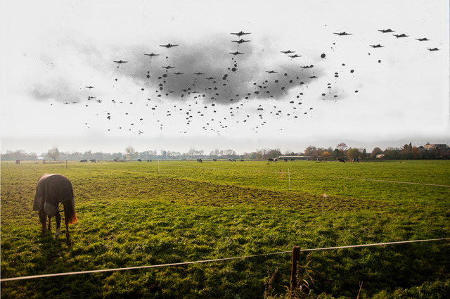 Historical and recent images combined: Polish paratroopers near Overasselt in September 1944 along with a present-day photo of Driel