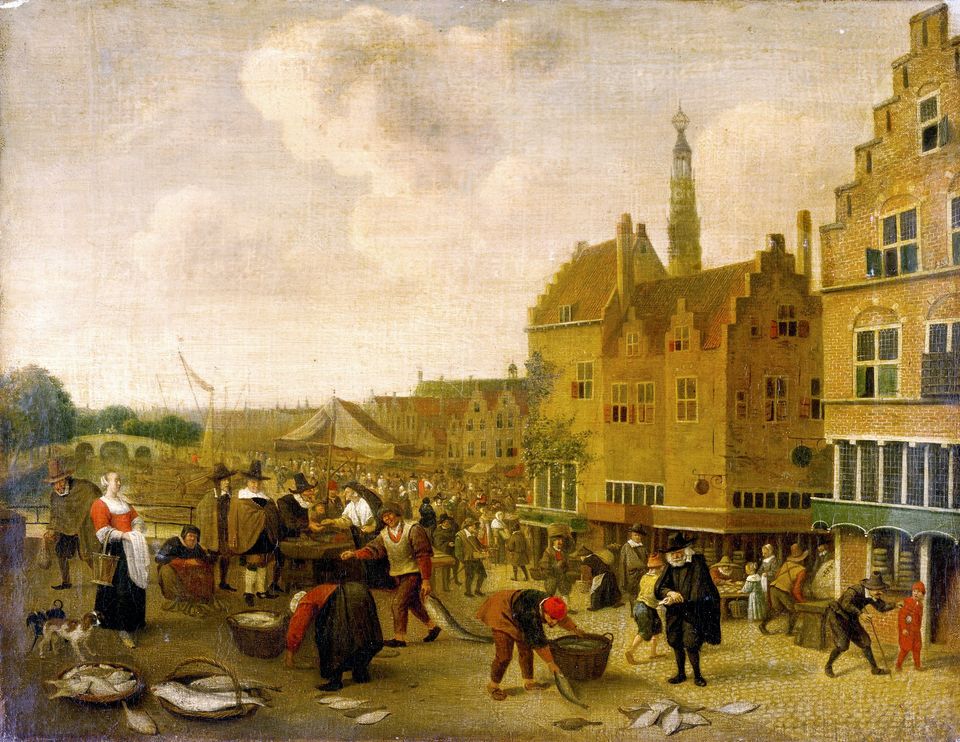 Afbeelding van het schilderij 'De Vismarkt in Leiden' door Jan Steen.