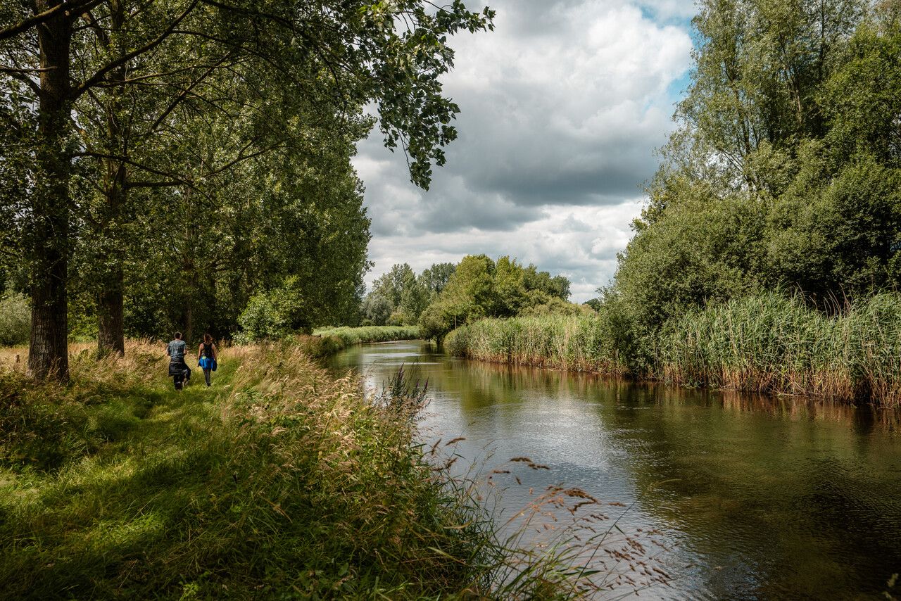 2 personen die met hun hond langs De Dommel lopen