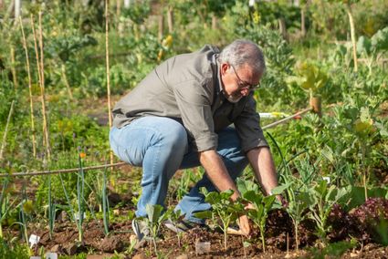 Man zit gehurkt in een tuin