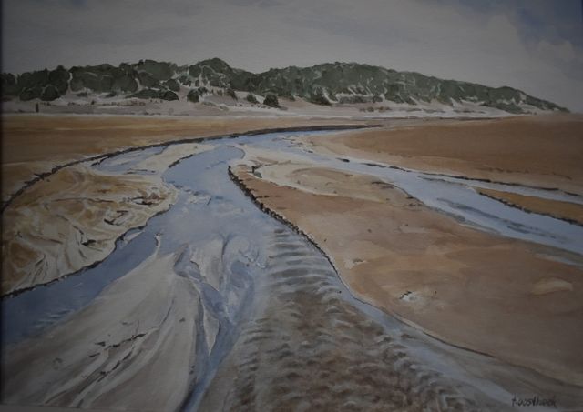 Een geul (aquarel) met op de achtergrond duinen