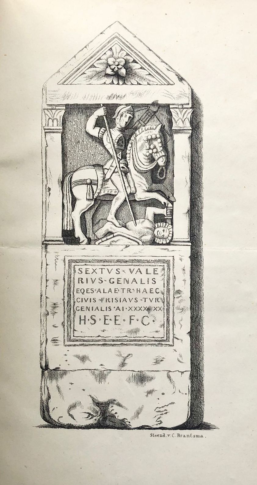 Grafsteen van een Friese ruiter, in 1836 gevonden in het Britse Watermore bij Glou. Bron: Leemans 1842.