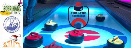 Curlen bij Boer Hans Activiteiten in Montfoort, Groene Hart, met verlichte curlingbaan, curlingstenen en logo van Curling Montfoort.