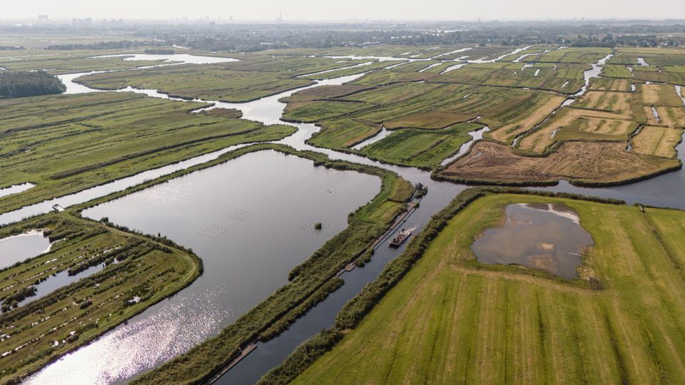 Een dronefoto van de weilanden in Landsmeer