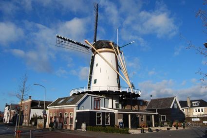 Historische windmolen met brouwerij De Molen in Bodegraven, onder een blauwe lucht, waar ambachtelijk bier wordt gebrouwen in het Groene Hart.