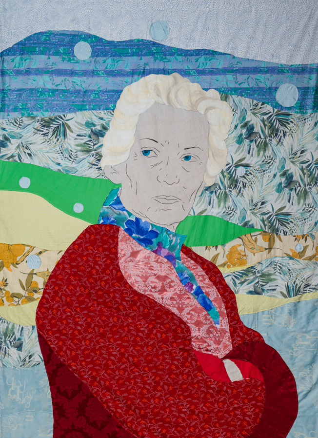 Małgorzata Mirga-Tas, Portret van Anna Górska, 2023, textiel en acryl op canvas, 322 x 220 cm. Foto: Bartek Solik. Courtesy de kunstenaar, Foksal Gallery Foundation.