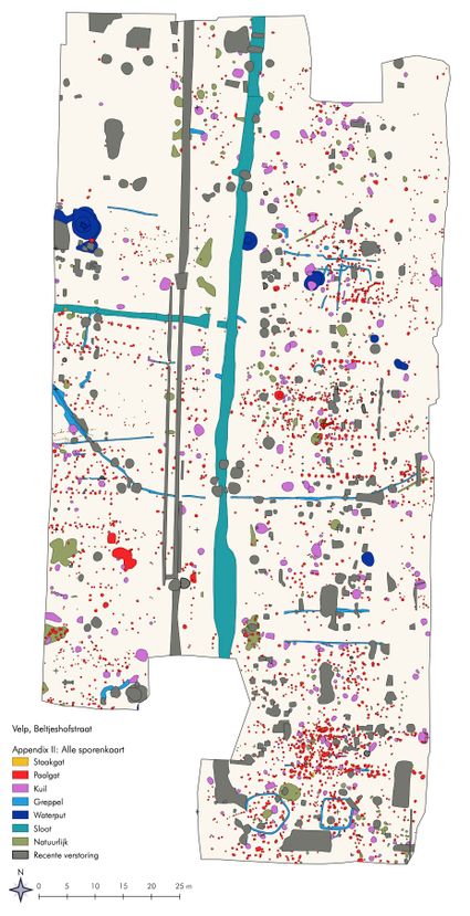 De kaart met alle gevonden sporen levert een soort archeologenkunst op. (Heul/Veenstra 2019, appendix)