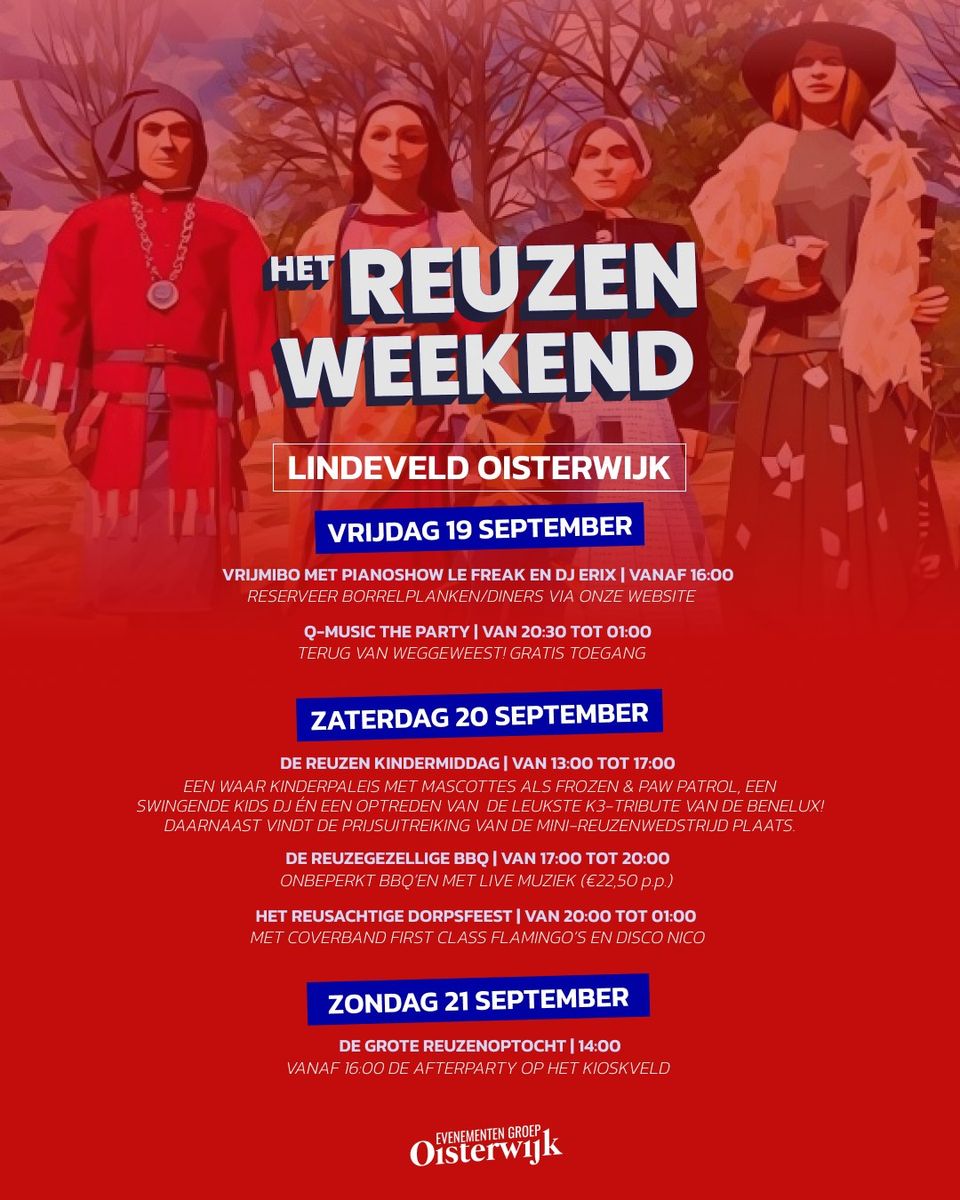 Rode affiche met alle activiteiten tijdens het Reuzenweekend in Oisterwijk